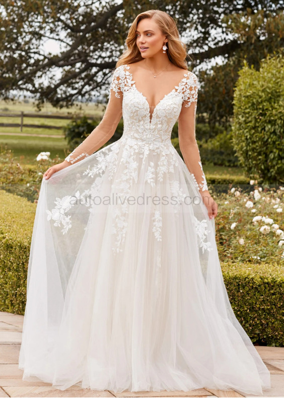 Long Sleeves Ivory Lace Tulle Keyhole Back Sweet Wedding Dress